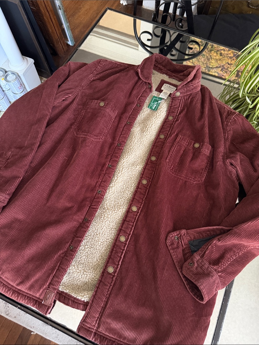 L.L. Bean Corduroy Sherpa Lined Jacket Burnt Orange Snap Front Shacket, Mens MT
